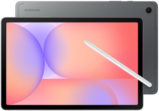 Grijze Samsung tablet met S Pen en pastelkleurig abstracte achtergrond.