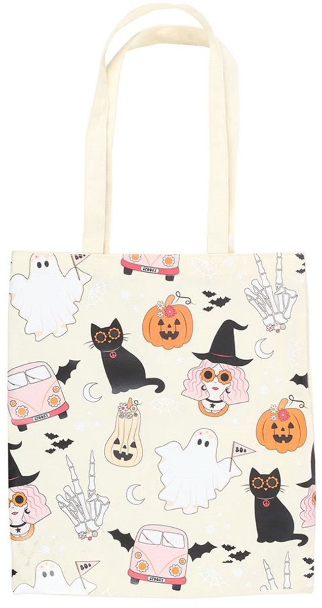Retro Spooky 'Groovy Ghost' Polycotton Tote Bag - Ecru Draagtas met Geestjes & Spookachtige Print - 70 cm