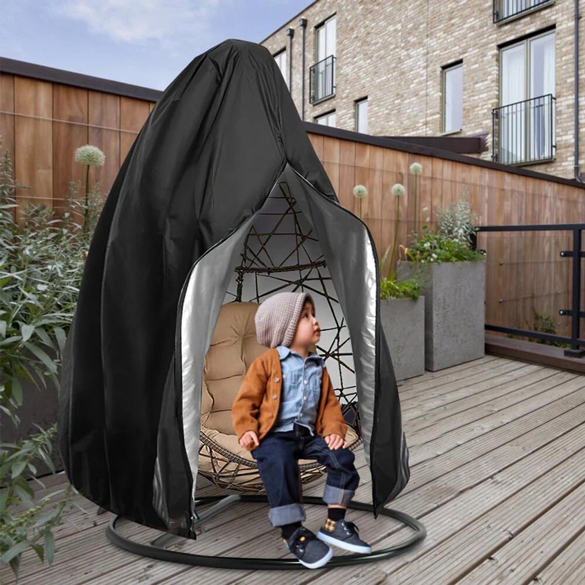 Stunq® Bescherm Stoelhoes voor Voor hevige Regen en Sneeuw Hangstoel Waterdicht en Winddicht met Ritssluiting, 115 x 115 x 190 cm, zwart