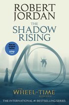 Boekomslag van Robert Jordans 'The Shadow Rising', met 'The Wheel of Time' logo. Een figuur springt door metalen ringen.