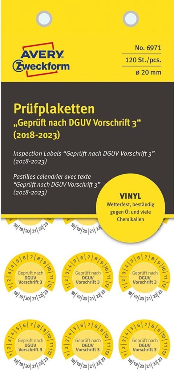 120x teststickers getest volgens DGUV 2018-2023 20mm geel vinyl