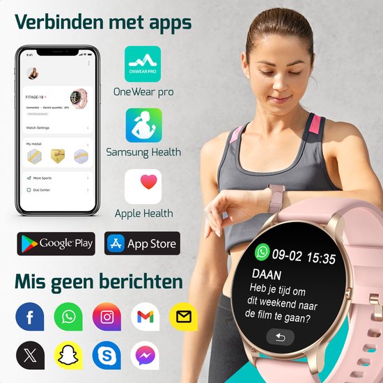 Roze smartwatch met gouden details, verbonden met apps zoals OneWear pro, Samsung Health en Apple Health. Toont meldingen.