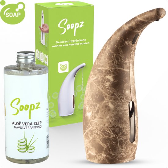 Bruine marmeren automatische zeepdispenser met "Soopz" verpakking en navulverpakking met Aloë Vera zeep.