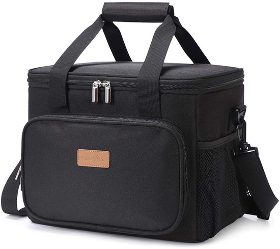 Sac à lunch isotherme à bandoulière - Sac de pique-nique familial réutilisable et étanche - Hommes et femmes - Deux compartiments - Portable et lavable - Voyage et travail - Zwart 15 L