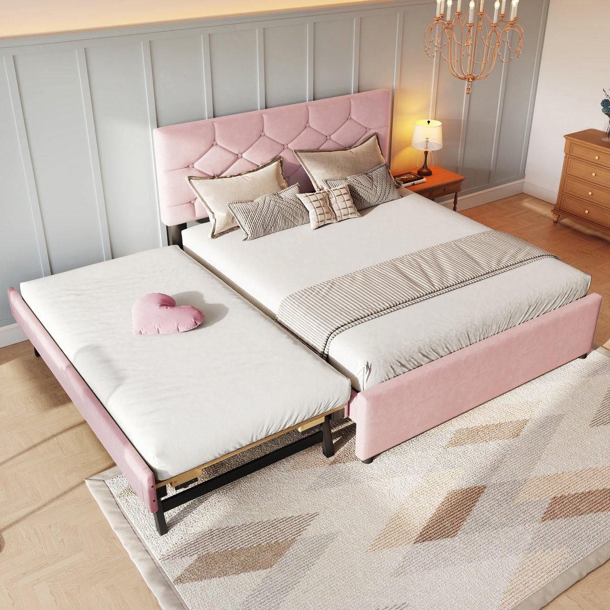 Sweiko Gestoffeerd bed - 140x200cm - Met uitschuifbaar bed - Zonder matras - Velvet - Roze