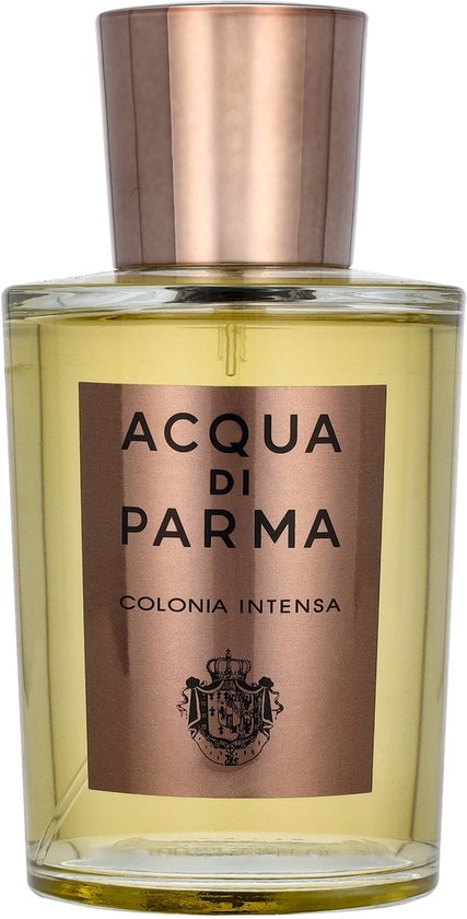 Glazen fles met gele vloeistof en gouden dop. Het bruine label bevat "ACQUA DI PARMA COLONIA INTENSA".