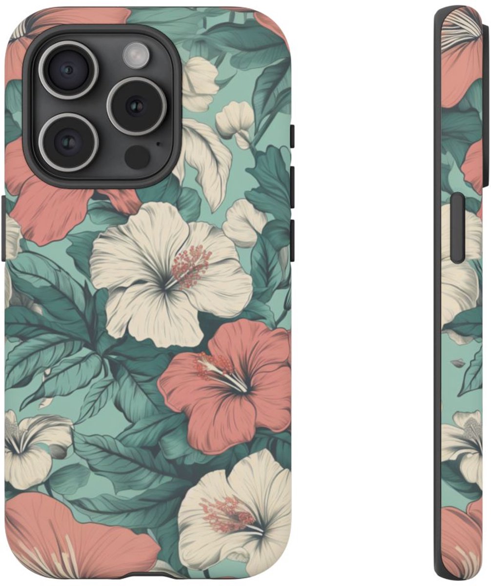 Pastel Hibiscus Bloemenpatroon – Telefoonhoesje Geschikt voor iPhone 15 Pro