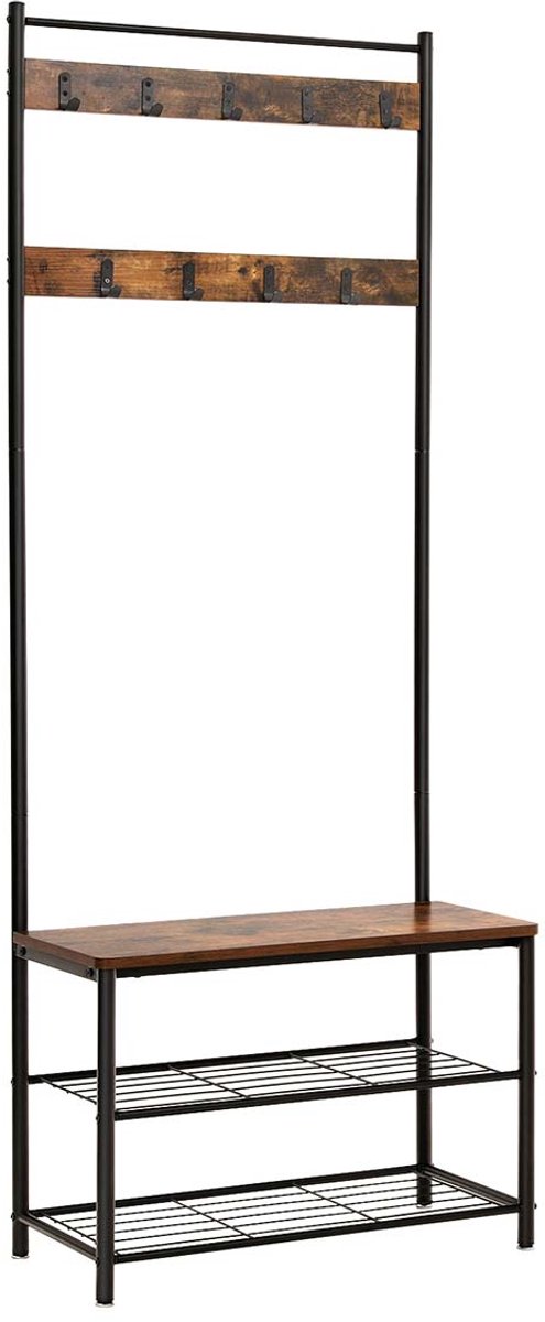 Kapstok en multifunctioneel halmeubel met schoenenbank, dubbel metalen schoenenrek en 9 afneembare haken, industrieel design, stevig metalen frame, geschikt voor gang en slaapkamer, 32 x 70 x 175cm, bruin + zwart