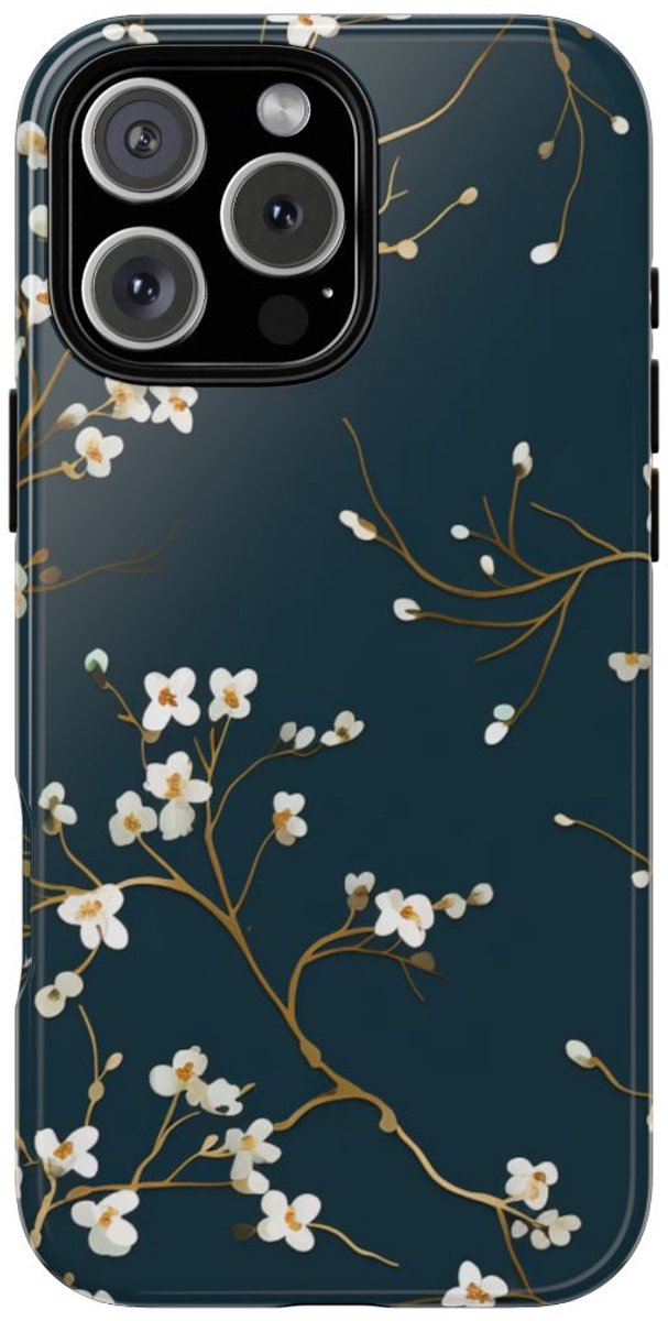 Witte Bloesemtakken op Donkerblauw – Telefoonhoesje Geschikt voor iPhone 16 Pro Max