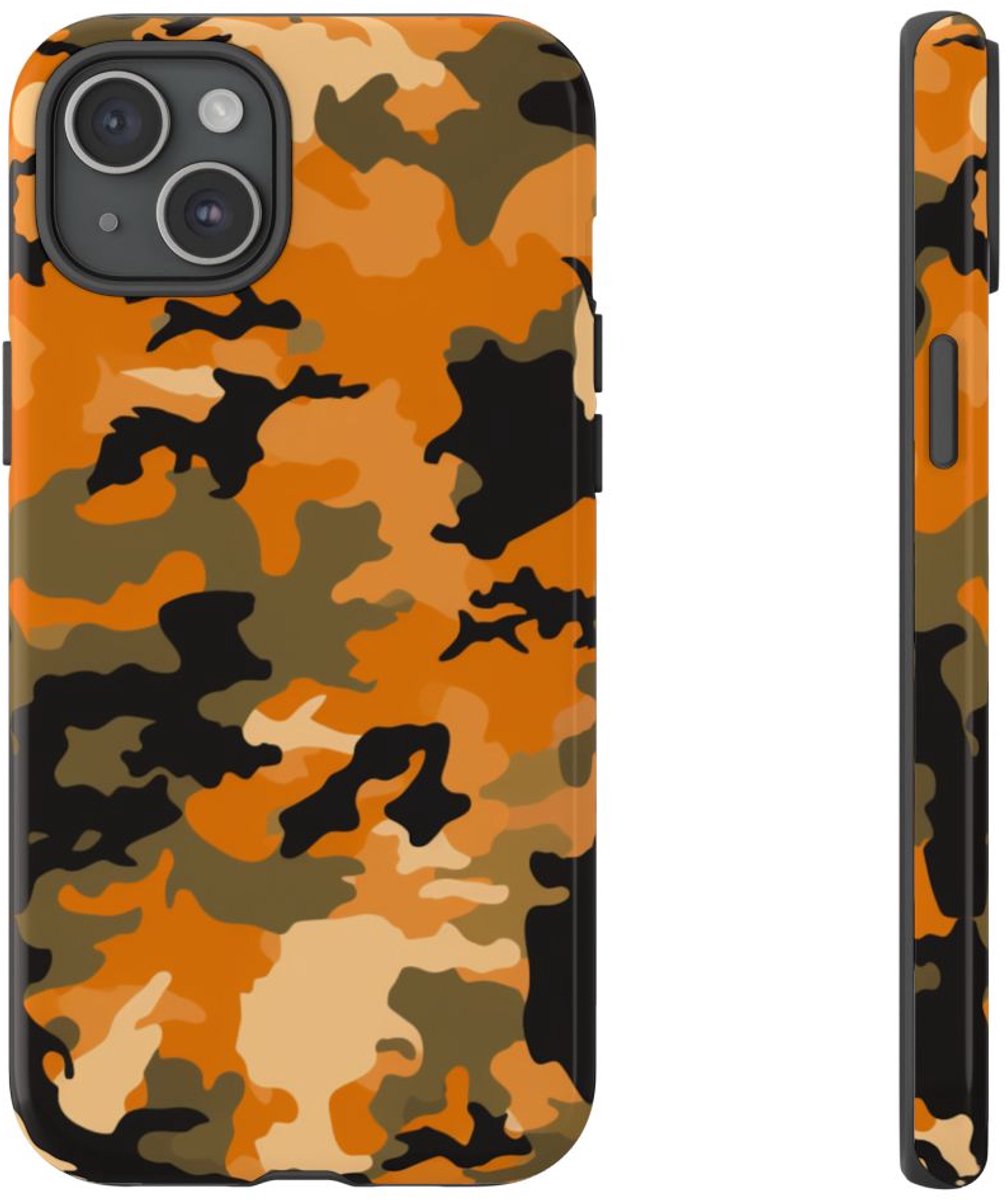 Oranje Woodland Camouflagepatroon – Telefoonhoesje Geschikt voor iPhone 15 Plus