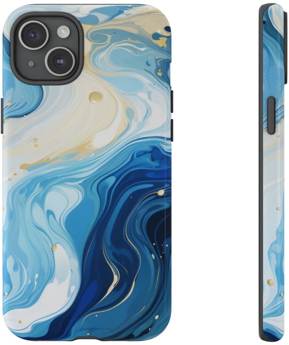 Blauw-Witte Marmer Abstract – Telefoonhoesje Geschikt voor iPhone 15 Plus