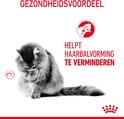 Grijze langharige kat likt zijn poot, met tekst 'Helpt haarbalvorming verminderen'.