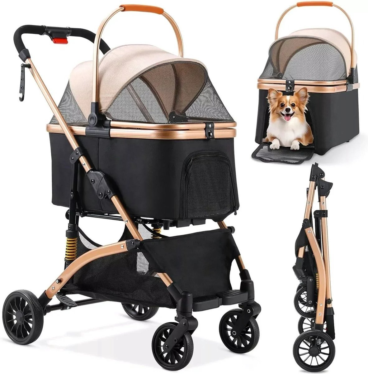 WNHB® Hondenbuggy 2-in-1 – Inklapbare Hondenwagen met Rubberen Wielen – Comfortabele & Veilige Buggy voor Kleine en Middelgrote Honden