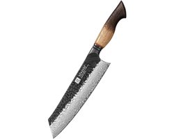 XinZuo Koksmes Bunka Damascus – X06 Mo Series – 21 cm – Gebrand Eiken Handvat – Professioneel Keukenmes