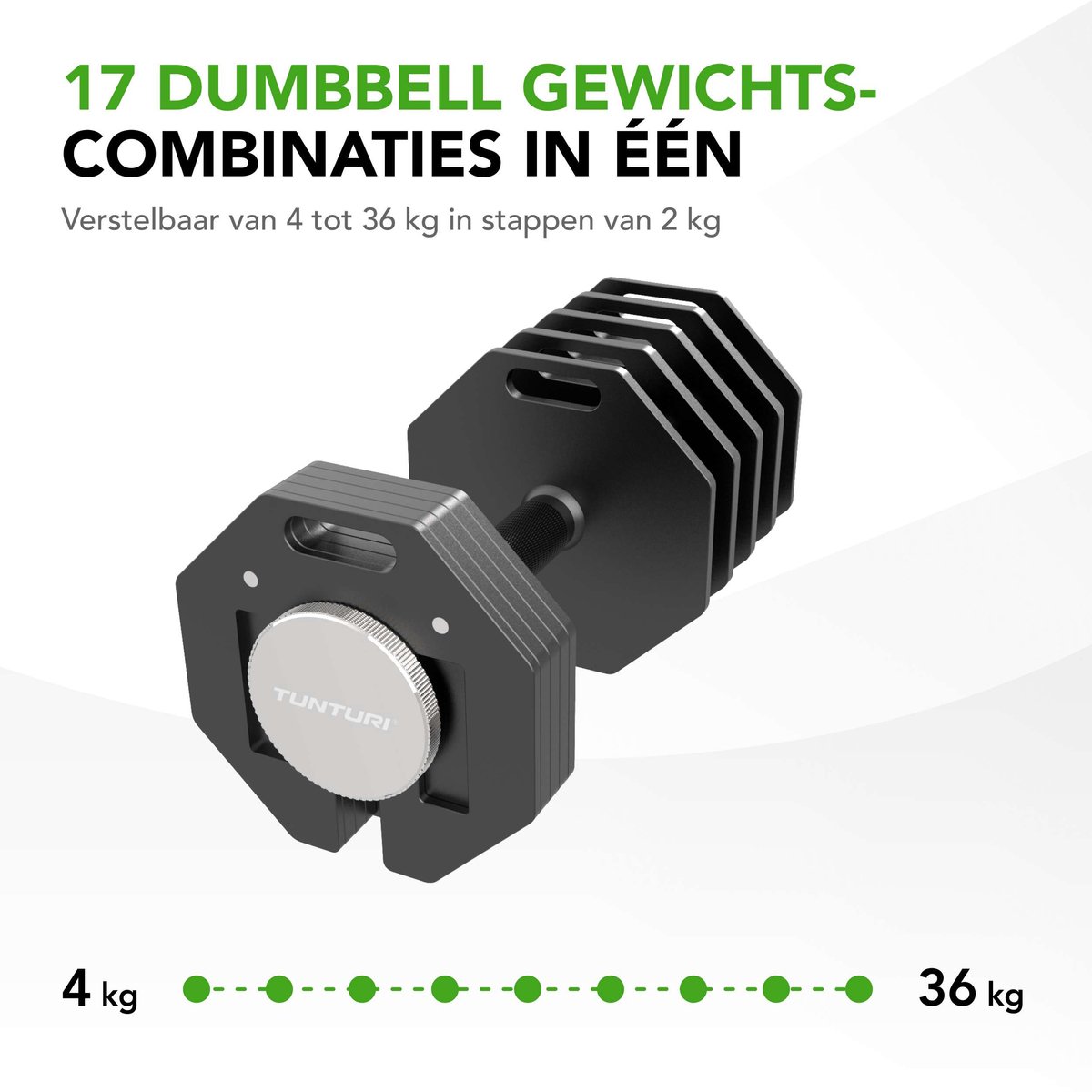 Tunturi Rapid Verstelbare Dumbbell – 36 kg – Verstelbaar van 4 tot 36 kg – 17 gewichten in één – Halterset voor thuisfitness – foto 7