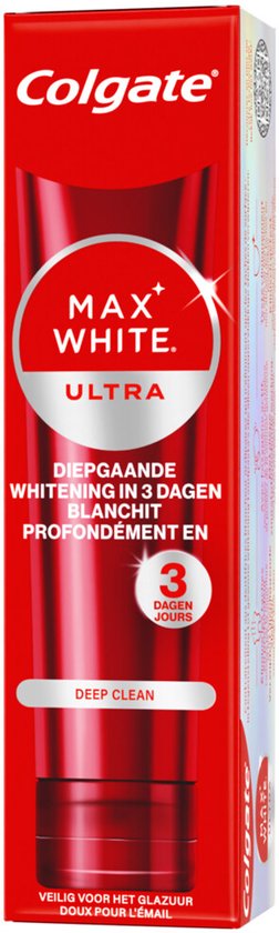 Colgate Max White Ultra tandpastabuisje met rode en zilveren accenten. Tekst: 'Diepgaande whitening in 3 dagen' en 'Deep Clean'.