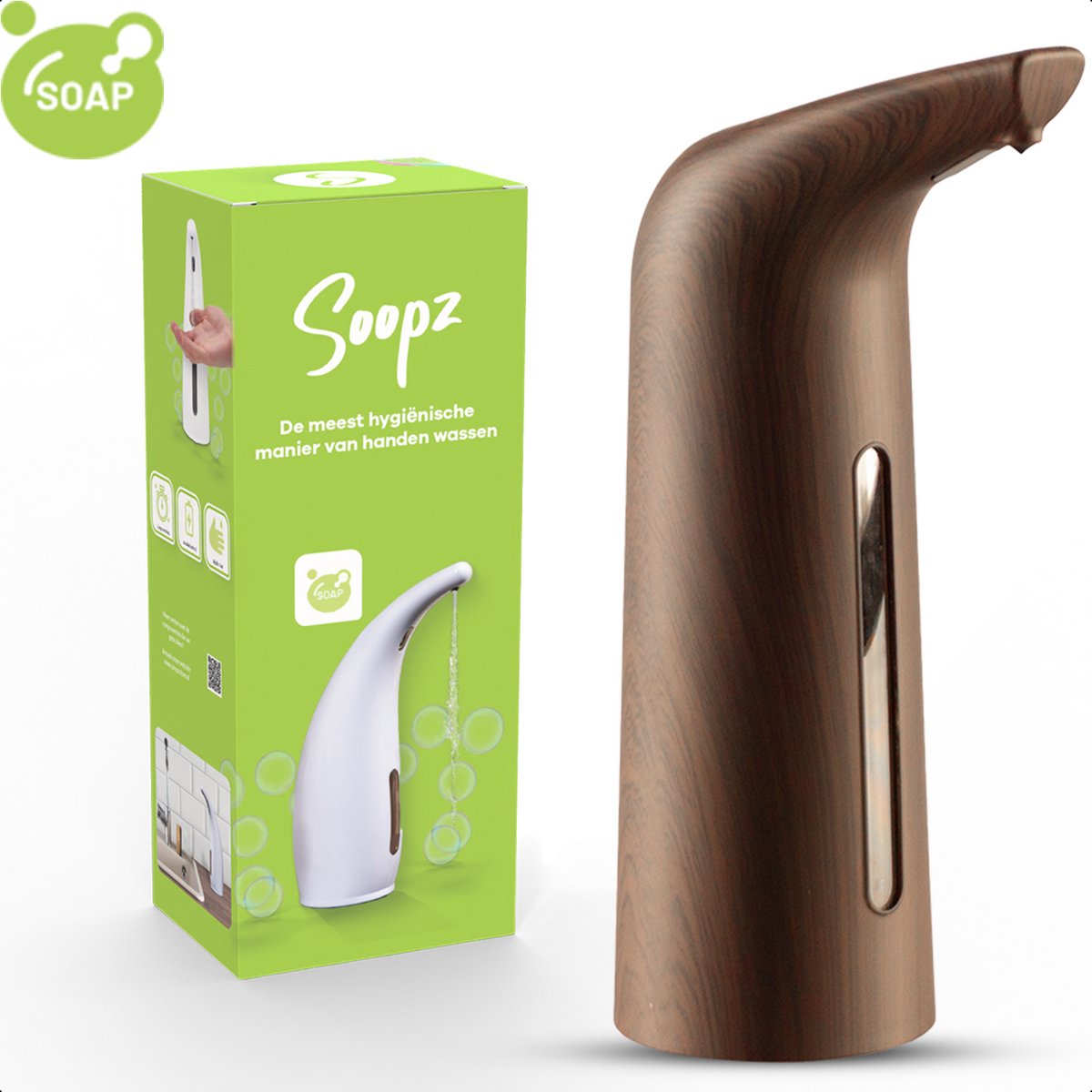Soopz Automatische Zeepdispenser – Donker Hout – Dark Wood Elegance – Zeeppompje met Bewegingssensor – Handzeep