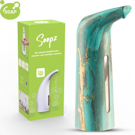 Groene jade marmeren Soopz automatische zeepdispenser met gouden aders.