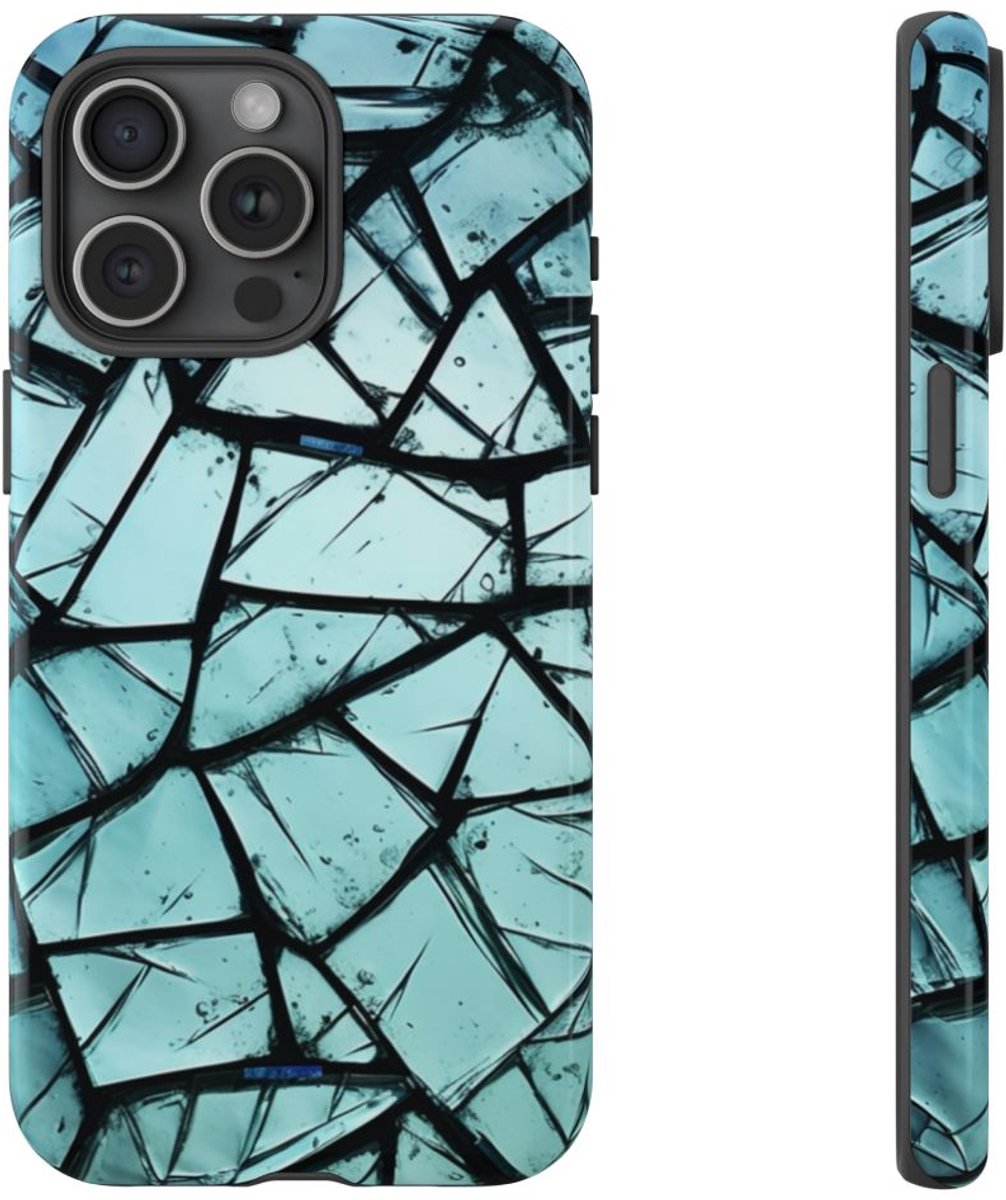 Blauw Gebroken Glaspatroon – Telefoonhoesje Geschikt voor iPhone 15 Pro Max
