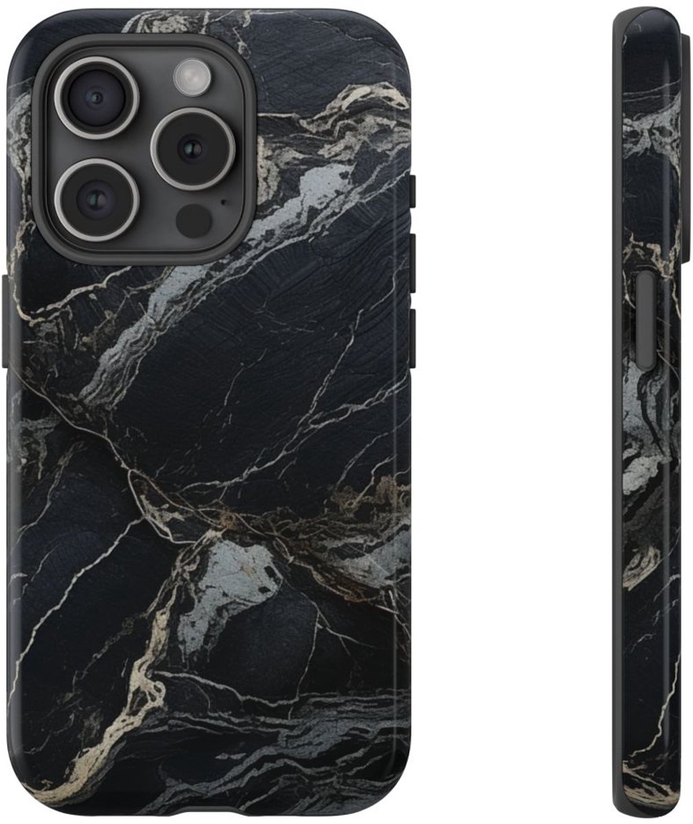 Zwarte Marmerstructuur met Witte Adering – Telefoonhoesje Geschikt voor iPhone 15 Pro