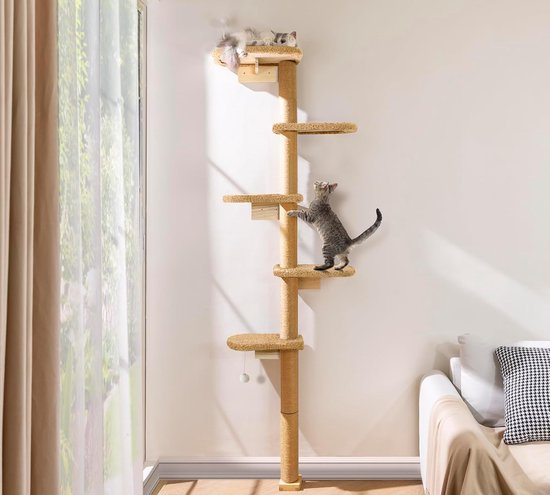 Wandgemonteerde krabpaal hoog 210 cm, kattenkrabpaal muur 5 etages van natuurlijk hout met zachte bruine pluche stof, krabpaal voor katten om te klimmen, te krabben en te spelen