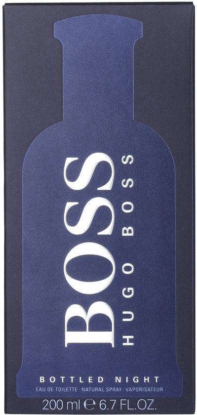 Donkerblauwe Hugo Boss 'Bottled Night' doos met het logo van BOSS HUGO BOSS in zilverkleurige letters.