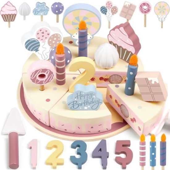 Foto: Houten verjaardagstaart speelgoedset keukenaccessoires en theefeest set voor peuters rollenspel speelgoed voor jongens en meisjes educatief doe alsof speelgoed
