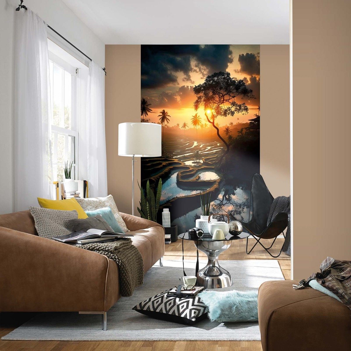 Landschapsmotief vliesbehang in oranje