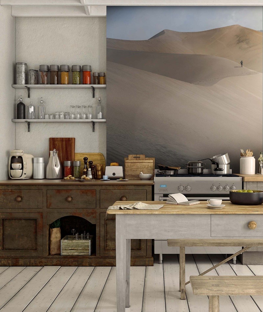 Landschapsmotief vliesbehang in beige