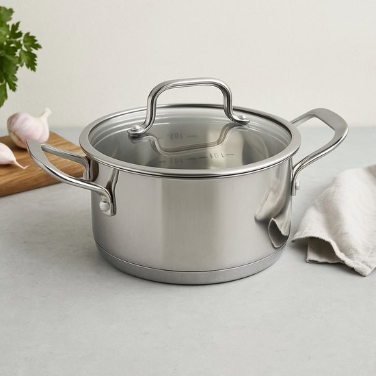 Marmite – Acier inoxydable – 22 cm / 4,5 litres – Avec couvercle en Verres – Compatible tous feux