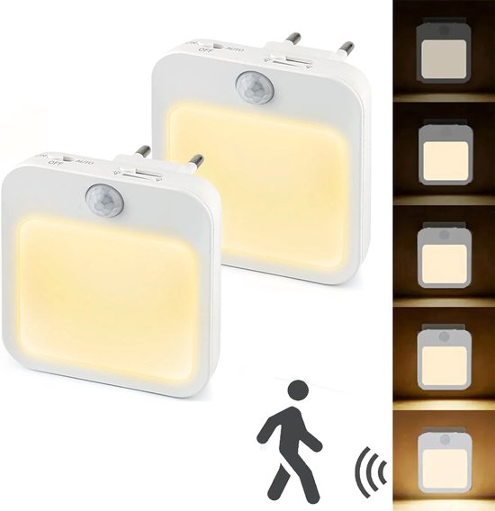 Twee witte led nachtlampjes met bewegingssensor, displays van lichtmodi.