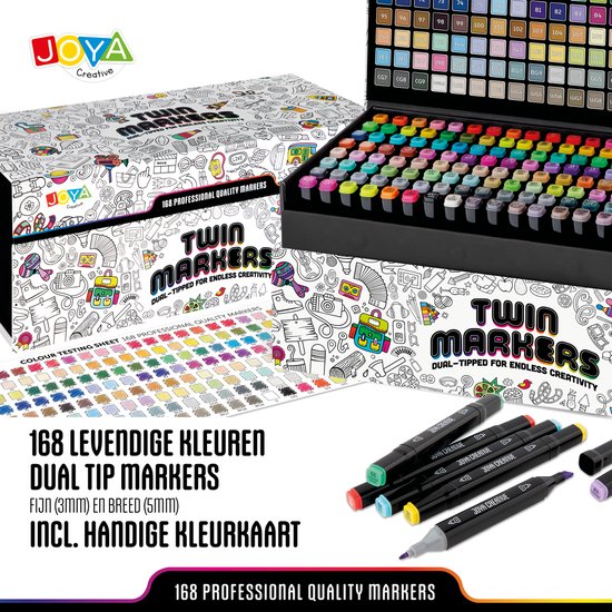 NASSAU FINE ART Duo Marqueurs 168 pièces pour adultes - dans une boîte de transport pratique - Marqueurs à Alcohol - Crayon de couleur - Feutres Fineliner - feutres épais - Pinceaux - Surligneurs