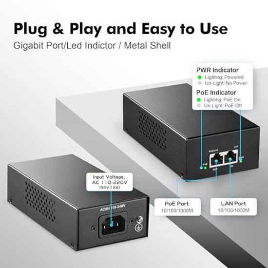 90W Gigabit PoE+ Injector met Plug & Play Functie voor IP-camera's en AP's — afbeelding 4