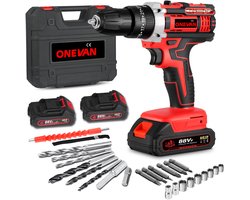 ONEVAN Accuboormachine - Accu Schroefboormachine - met 2x accu, 24-delige accessoires en draagtas - 38 Nm draaimoment - 25+3 draaimomentinstelling - 10 mm boorhouder