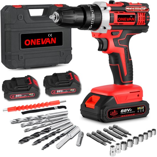 ONEVAN Accuboormachine - Accu Schroefboormachine - met 2x accu, 24-delige accessoires en draagtas - 38 Nm draaimoment - 25+3 draaimomentinstelling - 10 mm boorhouder