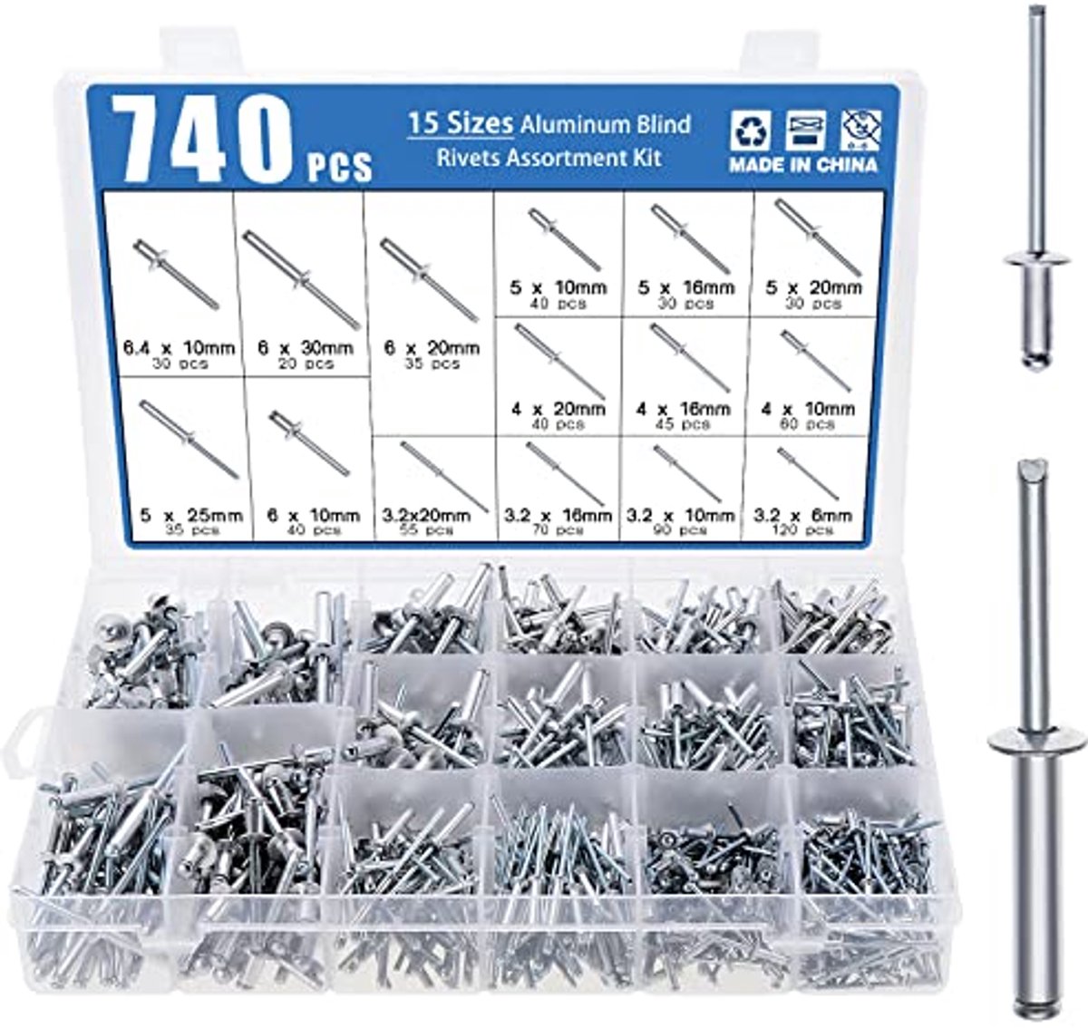 740 Stuks Aluminium Blinde Klinknagels 6.4mm/6mm/5mm/4mm/3.2mm - Multifunctionele Koepelkop Klinknagels voor Meubels en Machines