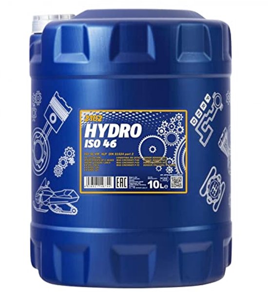 Blauwe kunststof jerrycan met witte dop. Opdruk 'HYDRO ISO 46' en tandwielmotieven. 10L.