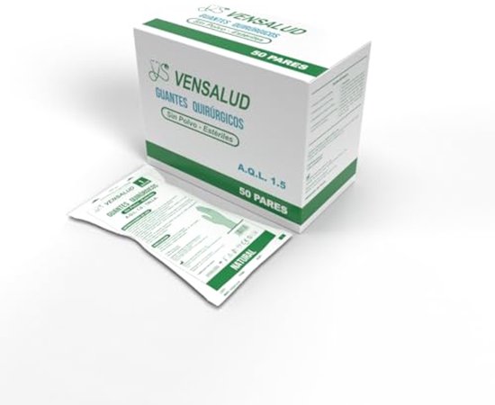 Een doos met 50 paar Vensalud poedervrije operatiehandschoenen naast een los verpakt paar.