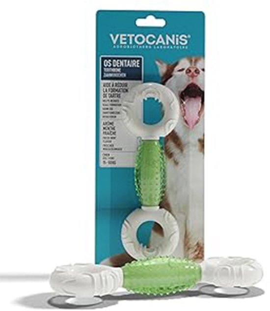 Wit en groen tandverzorgend speeltje voor honden, los van de verpakking.