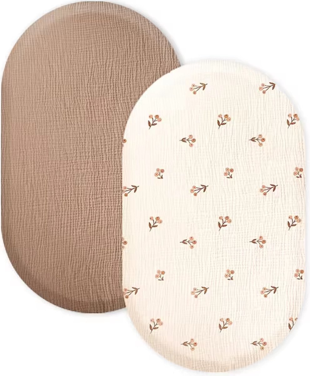 Image of 2 Stuks - Hydrofiele Baby Hoeslaken Wieg - Kinderwagen matras - Bruine en crème bloemen - 80x40 cm - Aankleedkussenhoes