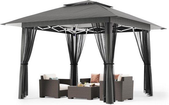 Pavillon pliant 4x4 m – Imperméable, avec moustiquaire, Protection UV et sac à roulettes inclus, Grijs, idéal pour Jardin, balcon ou terrasse