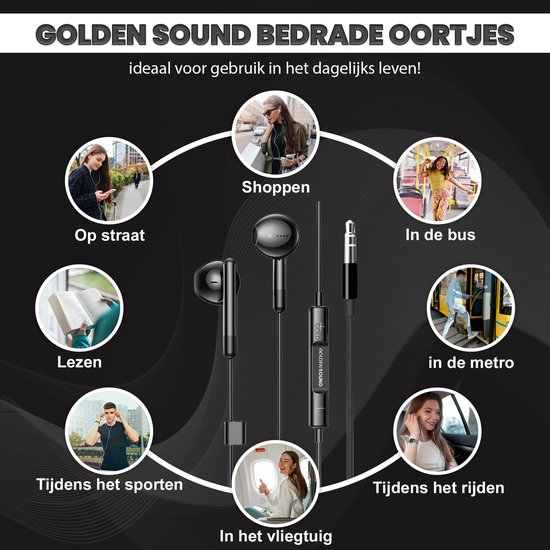 Zwarte bedrade oordopjes van Golden Sound, ideaal voor dagelijks gebruik: op straat, shoppen, in de bus, metro, auto, vliegtuig, lezen en sporten.