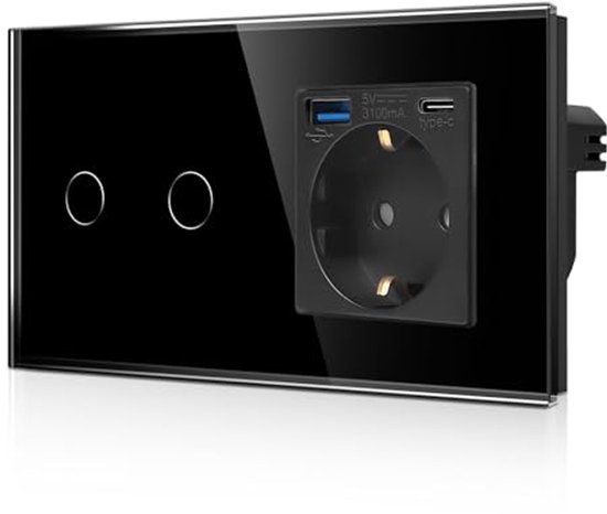 Zwart glazen lichtschakelaar stopcontact met twee touchknoppen en een stopcontact met USB Type A en C poorten.