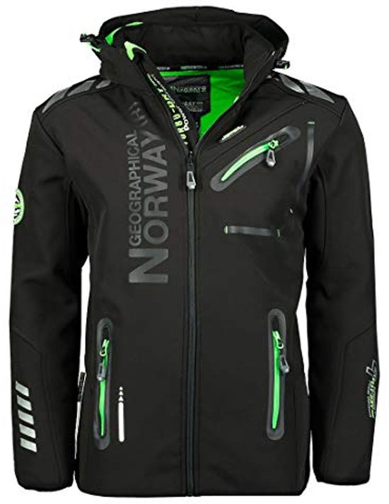 Zwarte softshell jas met opvallende groene ritsen en logo "GEOGRAPHICAL NORWAY" op de borst.