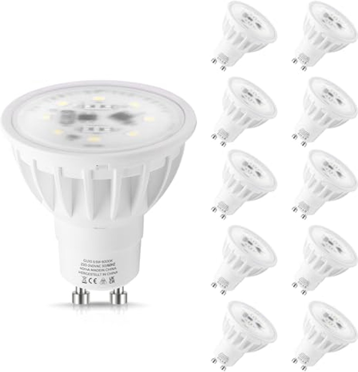 GU10 LED-Lampen 6000K Koel Wit - 10 Stuks Energiebesparende 5,5W Spots