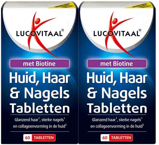 Twee verpakkingen Lucovitaal Huid, Haar & Nagels tabletten met biotine, 60 tabletten per stuk.