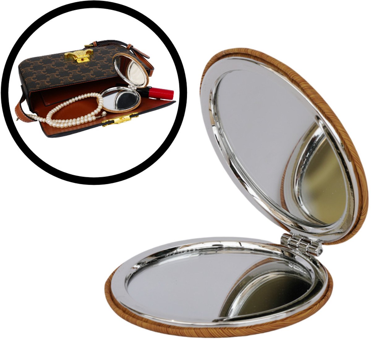 Decopatent - Kleine Inklapbare Make-Up Spiegel - Ronde Bamboe Zakspiegeltje - Rond - Handige Klapspiegel / Reisspiegel - Compact Tasformaat - Afm. 7.2 x 7.2 x 0.9 Cm