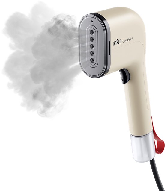 Beige Braun QuickStyle 3 kledingstomer met stoom uit de kop.