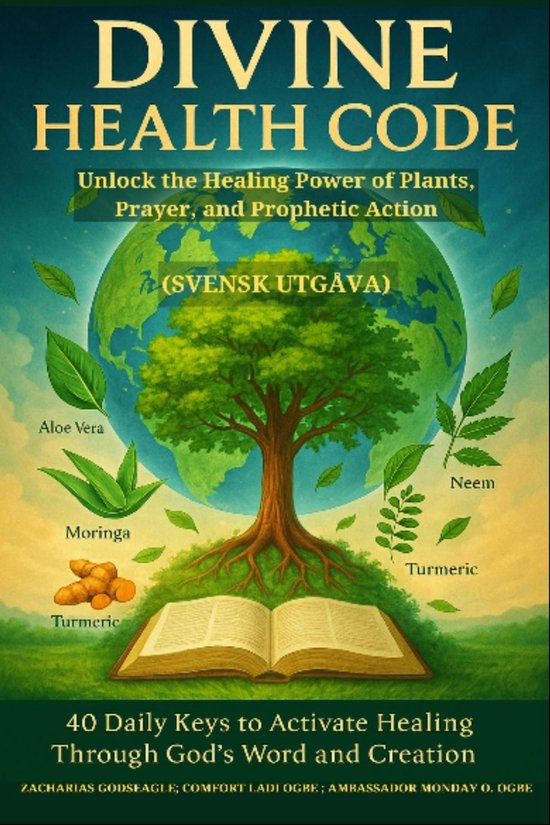 Boekomslag met de titel "DIVINE HEALTH CODE". Een boom groeit uit een open boek, met de aarde als achtergrond. Bladeren van aloë vera, moringa en neem, en kurkumastukken worden getoond.