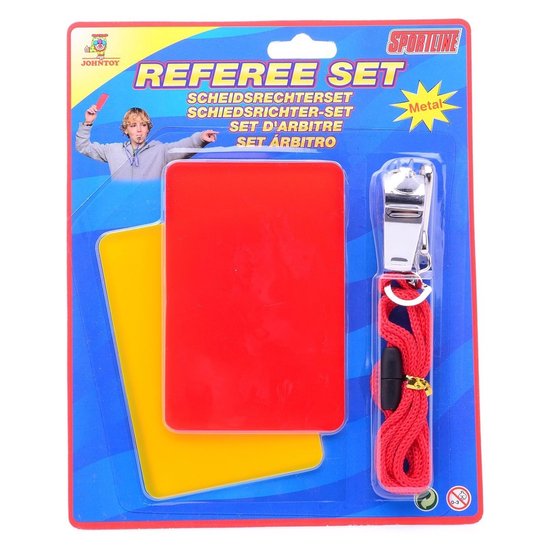 Set d'arbitre avec carton rouge, carton jaune, sifflet en métal et cordon rouge.
